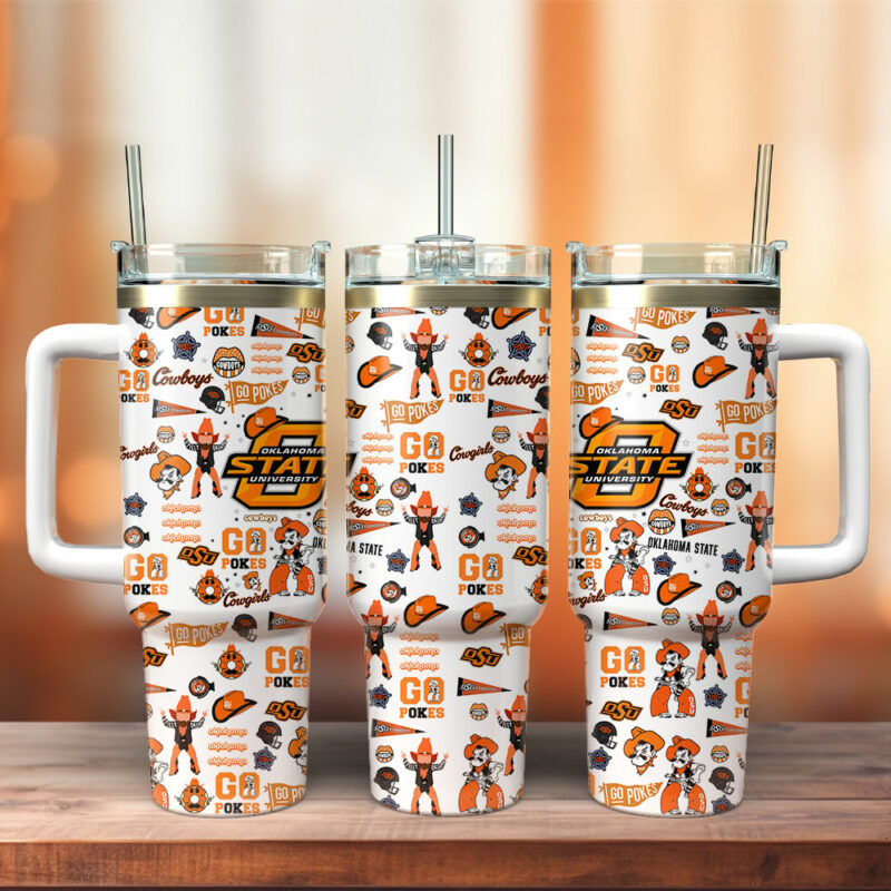 Oklahoma State Cowboys NCAA Sports Custom Stanley Quencher 40oz Stainless Steel Tumbler With Handle - Threewoofs