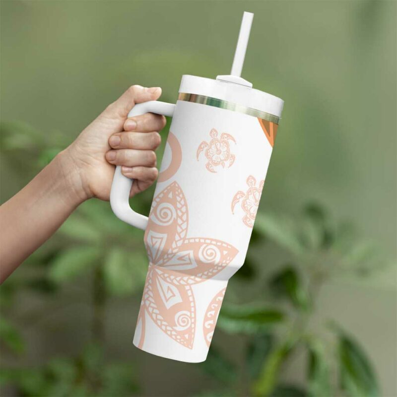 Orange Polynesian Tribal Turtle Floral Custom Stanley Quencher 40oz Stainless Steel Tumbler With Handle - Threewoofs - Image 3