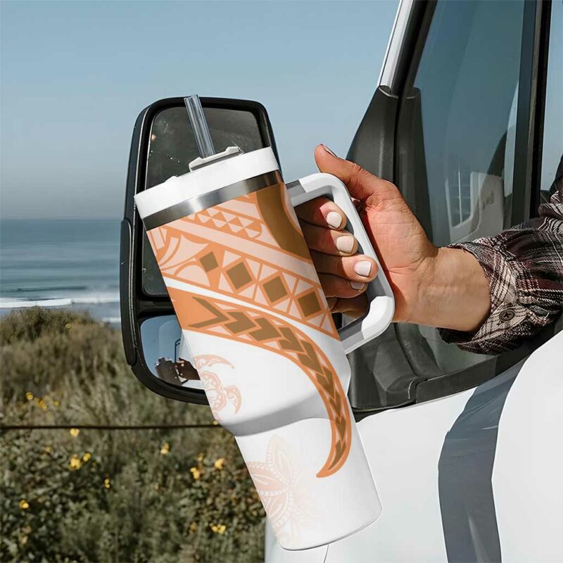 Orange Polynesian Tribal Turtle Floral Custom Stanley Quencher 40oz Stainless Steel Tumbler With Handle - Threewoofs - Image 7