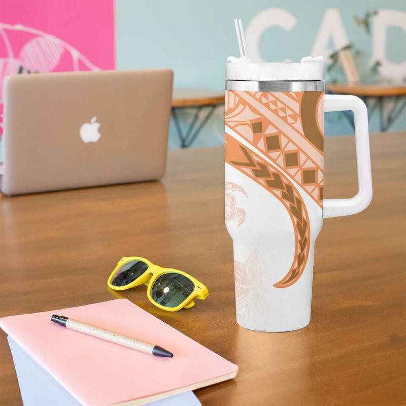 Orange Polynesian Tribal Turtle Floral Custom Stanley Quencher 40oz Stainless Steel Tumbler With Handle - Threewoofs - Image 5