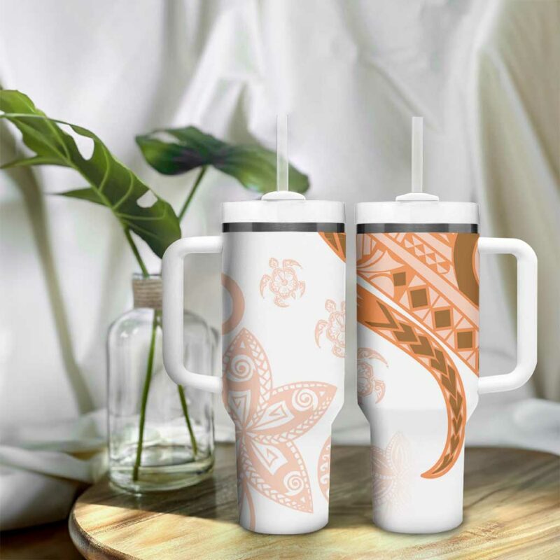 Orange Polynesian Tribal Turtle Floral Custom Stanley Quencher 40oz Stainless Steel Tumbler With Handle - Threewoofs - Image 9