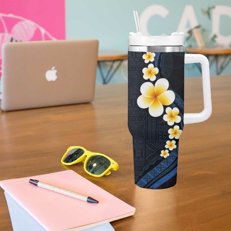 Pacific Hibiscus and Plumeria with Tapa Dark Blue Color Custom Stanley Quencher 40oz Stainless Steel Tumbler With Handle - Threewoofs - Image 5