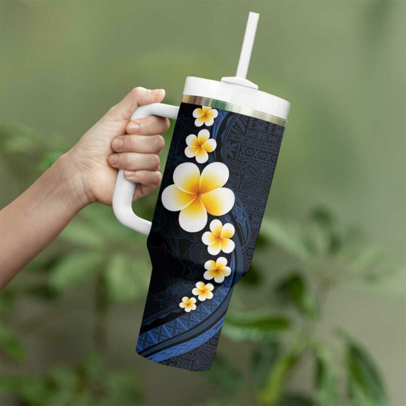 Pacific Hibiscus and Plumeria with Tapa Dark Blue Color Custom Stanley Quencher 40oz Stainless Steel Tumbler With Handle - Threewoofs - Image 3