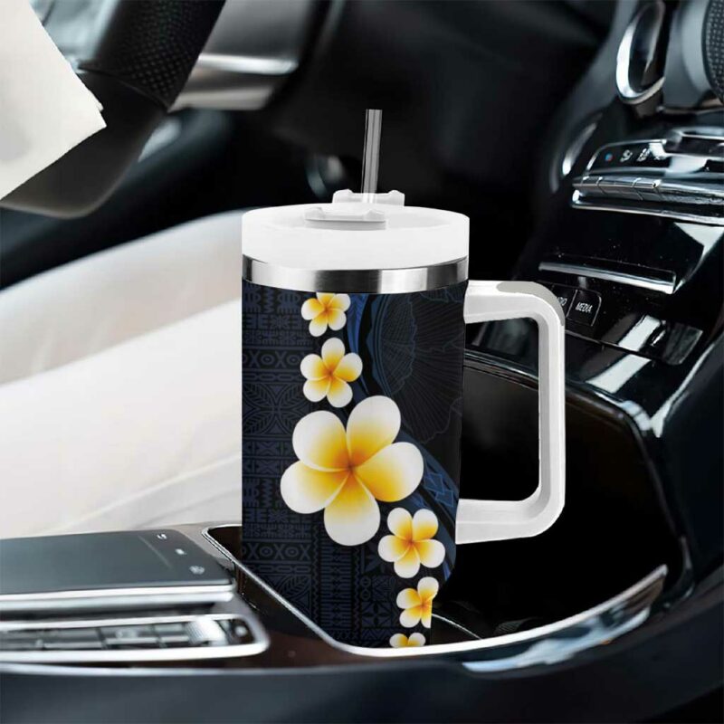 Pacific Hibiscus and Plumeria with Tapa Dark Blue Color Custom Stanley Quencher 40oz Stainless Steel Tumbler With Handle - Threewoofs - Image 8