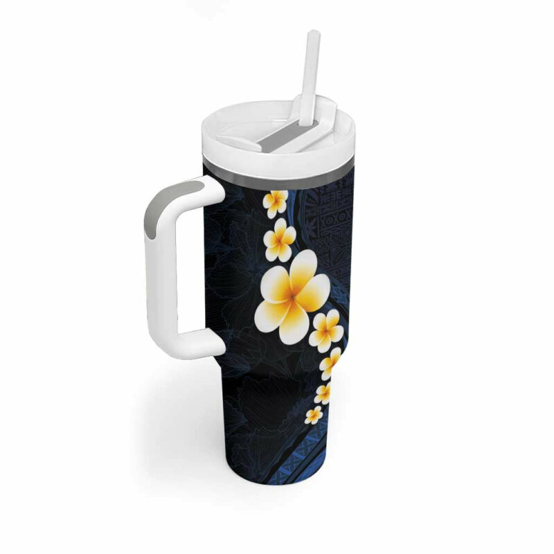Pacific Hibiscus and Plumeria with Tapa Dark Blue Color Custom Stanley Quencher 40oz Stainless Steel Tumbler With Handle - Threewoofs - Image 2