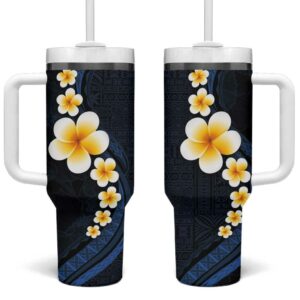 Pacific Hibiscus and Plumeria with Tapa Dark Blue Color Custom Stanley Quencher 40oz Stainless Steel Tumbler With Handle - Threewoofs