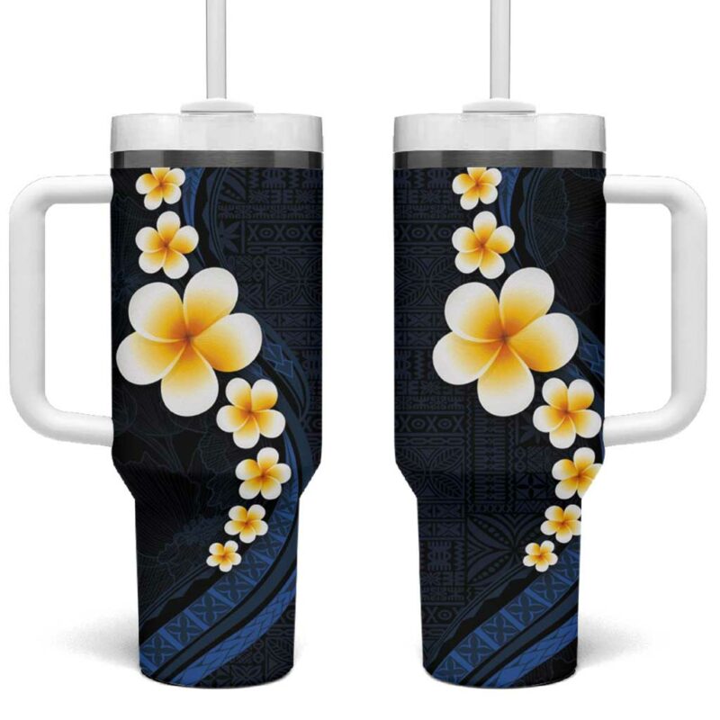 Pacific Hibiscus and Plumeria with Tapa Dark Blue Color Custom Stanley Quencher 40oz Stainless Steel Tumbler With Handle - Threewoofs