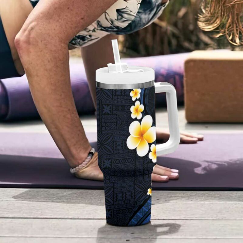 Pacific Hibiscus and Plumeria with Tapa Dark Blue Color Custom Stanley Quencher 40oz Stainless Steel Tumbler With Handle - Threewoofs - Image 6