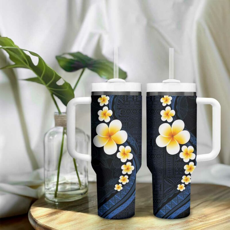 Pacific Hibiscus and Plumeria with Tapa Dark Blue Color Custom Stanley Quencher 40oz Stainless Steel Tumbler With Handle - Threewoofs - Image 9