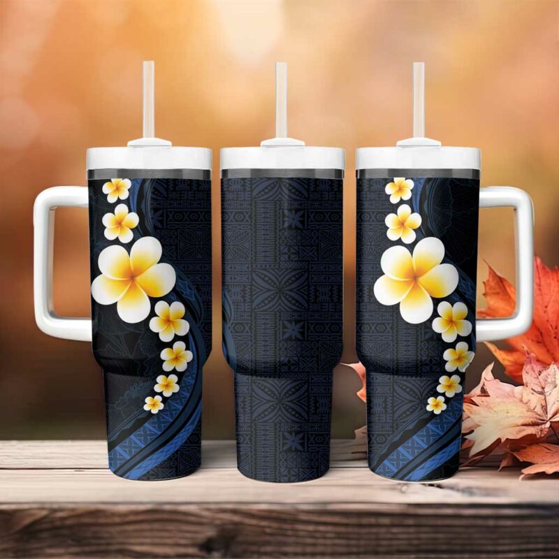 Pacific Hibiscus and Plumeria with Tapa Dark Blue Color Custom Stanley Quencher 40oz Stainless Steel Tumbler With Handle - Threewoofs - Image 4
