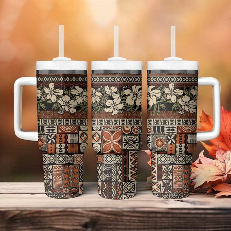 Pacific Hibiscus Tapa Tribal Vintage Brown Motif Custom Stanley Quencher 40oz Stainless Steel Tumbler With Handle - Threewoofs - Image 4