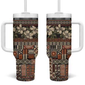 Pacific Hibiscus Tapa Tribal Vintage Brown Motif Custom Stanley Quencher 40oz Stainless Steel Tumbler With Handle - Threewoofs