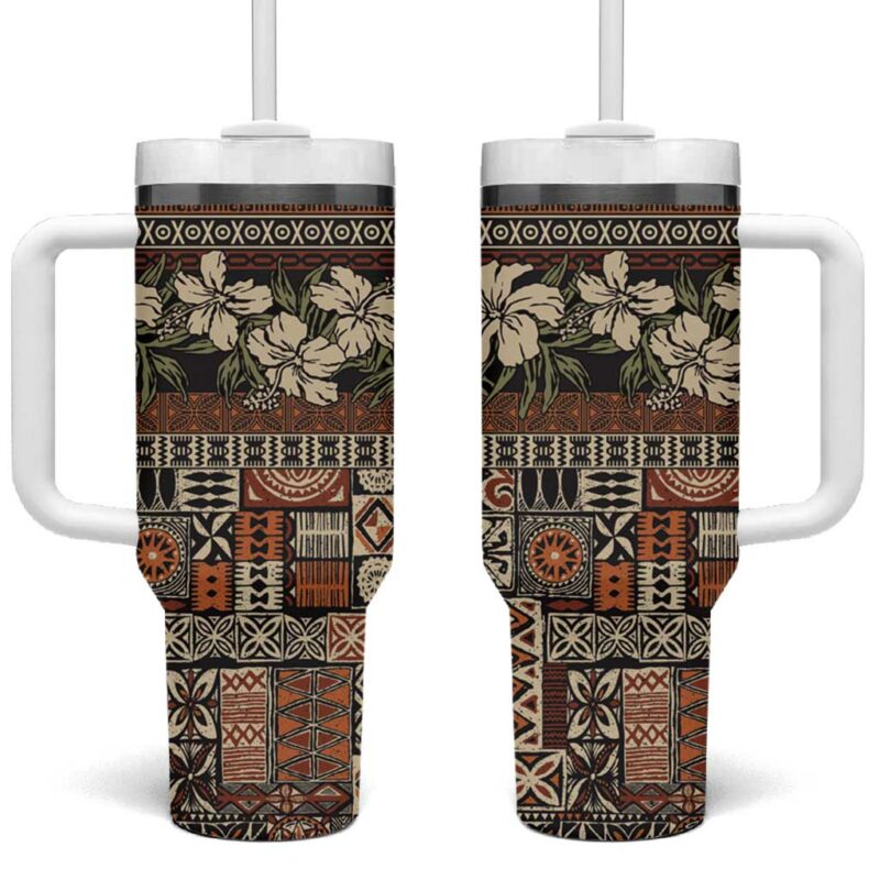 Pacific Hibiscus Tapa Tribal Vintage Brown Motif Custom Stanley Quencher 40oz Stainless Steel Tumbler With Handle - Threewoofs
