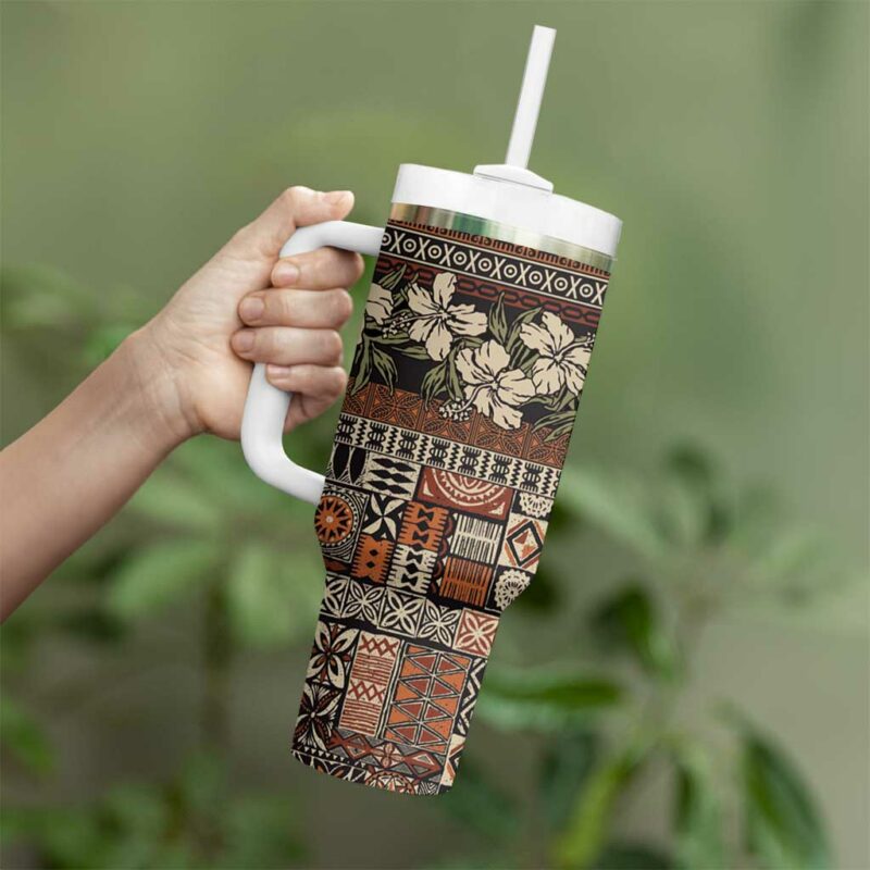 Pacific Hibiscus Tapa Tribal Vintage Brown Motif Custom Stanley Quencher 40oz Stainless Steel Tumbler With Handle - Threewoofs - Image 3