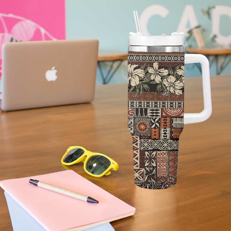 Pacific Hibiscus Tapa Tribal Vintage Brown Motif Custom Stanley Quencher 40oz Stainless Steel Tumbler With Handle - Threewoofs - Image 5