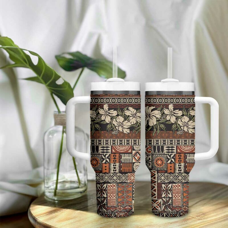 Pacific Hibiscus Tapa Tribal Vintage Brown Motif Custom Stanley Quencher 40oz Stainless Steel Tumbler With Handle - Threewoofs - Image 9