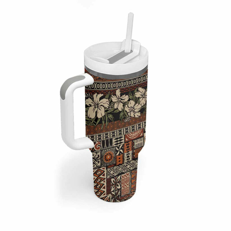 Pacific Hibiscus Tapa Tribal Vintage Brown Motif Custom Stanley Quencher 40oz Stainless Steel Tumbler With Handle - Threewoofs - Image 2