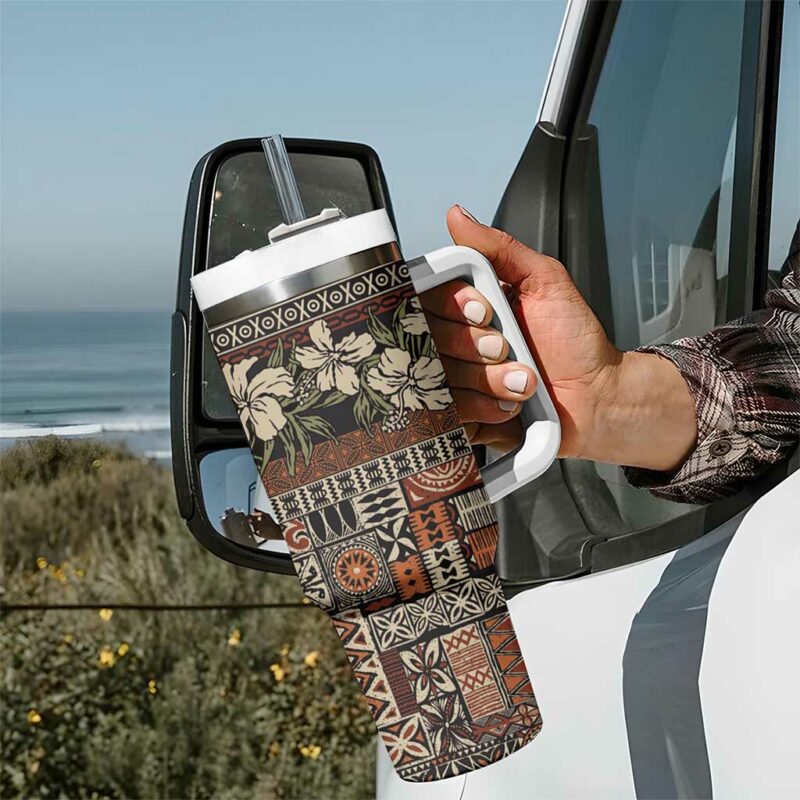 Pacific Hibiscus Tapa Tribal Vintage Brown Motif Custom Stanley Quencher 40oz Stainless Steel Tumbler With Handle - Threewoofs - Image 7