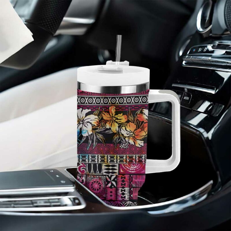Pacific Hibiscus Tapa Tribal Vintage Pink Motif Custom Stanley Quencher 40oz Stainless Steel Tumbler With Handle - Threewoofs - Image 8