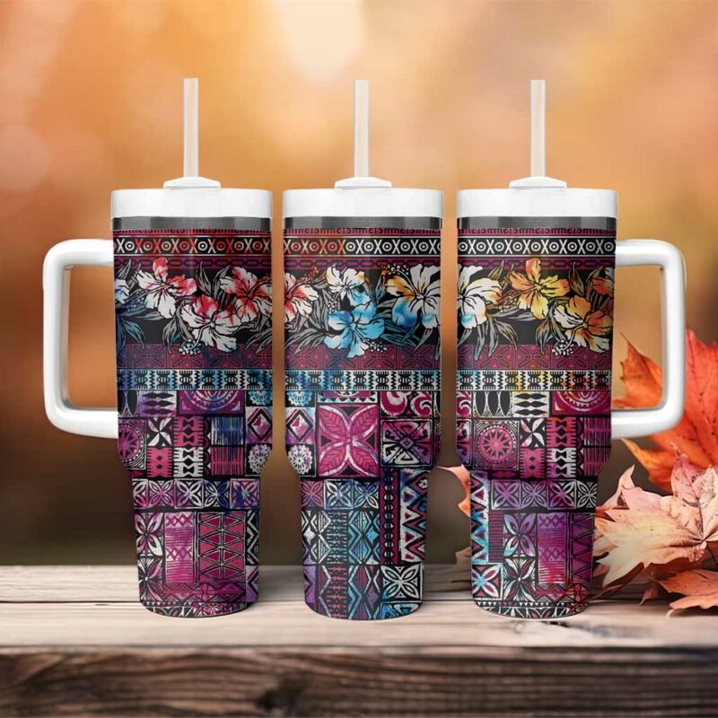 Pacific Hibiscus Tapa Tribal Vintage Pink Motif Custom Stanley Quencher 40oz Stainless Steel Tumbler With Handle - Threewoofs - Image 4