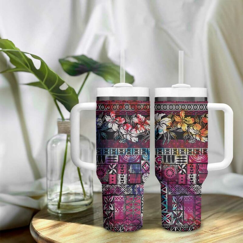 Pacific Hibiscus Tapa Tribal Vintage Pink Motif Custom Stanley Quencher 40oz Stainless Steel Tumbler With Handle - Threewoofs - Image 9