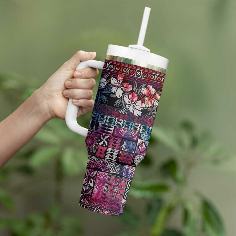 Pacific Hibiscus Tapa Tribal Vintage Pink Motif Custom Stanley Quencher 40oz Stainless Steel Tumbler With Handle - Threewoofs - Image 3