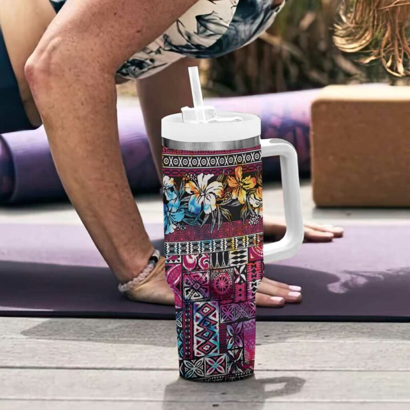 Pacific Hibiscus Tapa Tribal Vintage Pink Motif Custom Stanley Quencher 40oz Stainless Steel Tumbler With Handle - Threewoofs - Image 6