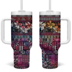 Pacific Hibiscus Tapa Tribal Vintage Pink Motif Custom Stanley Quencher 40oz Stainless Steel Tumbler With Handle - Threewoofs