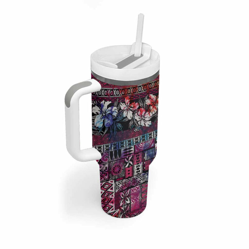 Pacific Hibiscus Tapa Tribal Vintage Pink Motif Custom Stanley Quencher 40oz Stainless Steel Tumbler With Handle - Threewoofs - Image 2