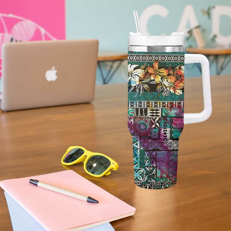 Pacific Hibiscus Tapa Tribal Vintage Turquoise Motif Custom Stanley Quencher 40oz Stainless Steel Tumbler With Handle - Threewoofs - Image 5