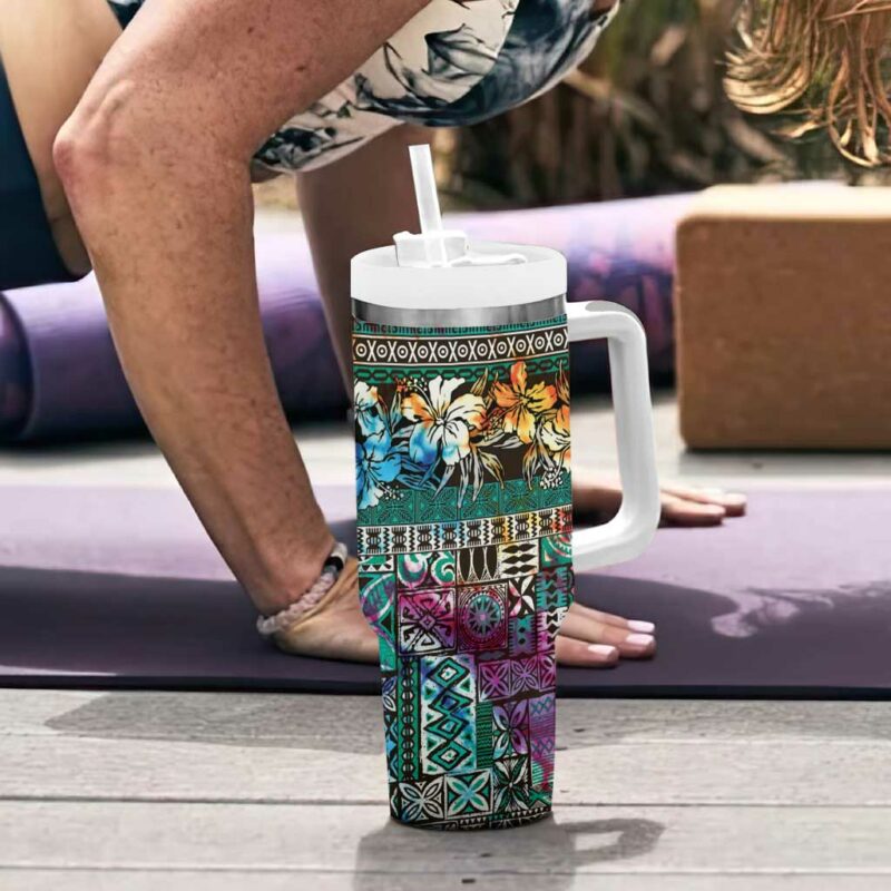 Pacific Hibiscus Tapa Tribal Vintage Turquoise Motif Custom Stanley Quencher 40oz Stainless Steel Tumbler With Handle - Threewoofs - Image 6