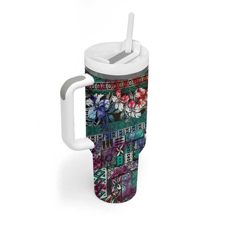 Pacific Hibiscus Tapa Tribal Vintage Turquoise Motif Custom Stanley Quencher 40oz Stainless Steel Tumbler With Handle - Threewoofs - Image 2