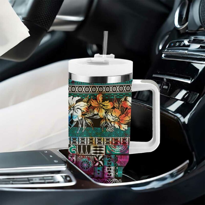 Pacific Hibiscus Tapa Tribal Vintage Turquoise Motif Custom Stanley Quencher 40oz Stainless Steel Tumbler With Handle - Threewoofs - Image 8
