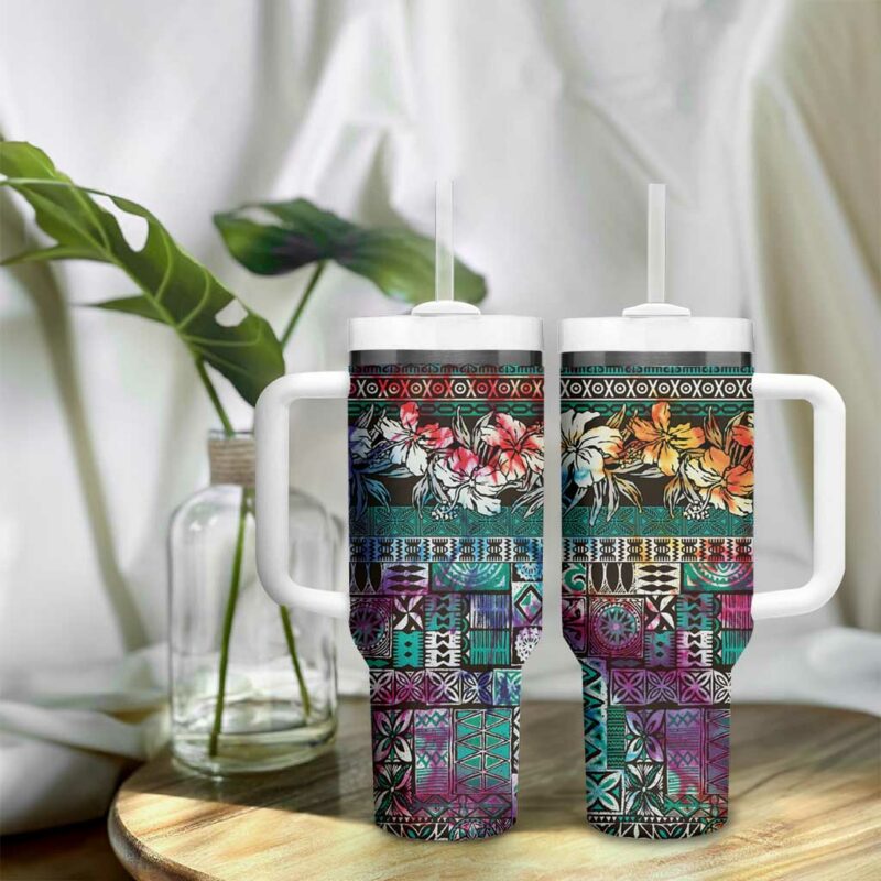 Pacific Hibiscus Tapa Tribal Vintage Turquoise Motif Custom Stanley Quencher 40oz Stainless Steel Tumbler With Handle - Threewoofs - Image 9