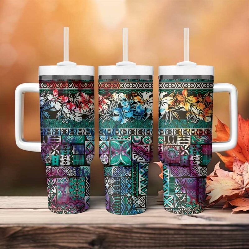 Pacific Hibiscus Tapa Tribal Vintage Turquoise Motif Custom Stanley Quencher 40oz Stainless Steel Tumbler With Handle - Threewoofs - Image 4