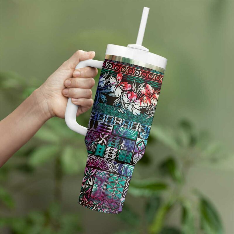Pacific Hibiscus Tapa Tribal Vintage Turquoise Motif Custom Stanley Quencher 40oz Stainless Steel Tumbler With Handle - Threewoofs - Image 3