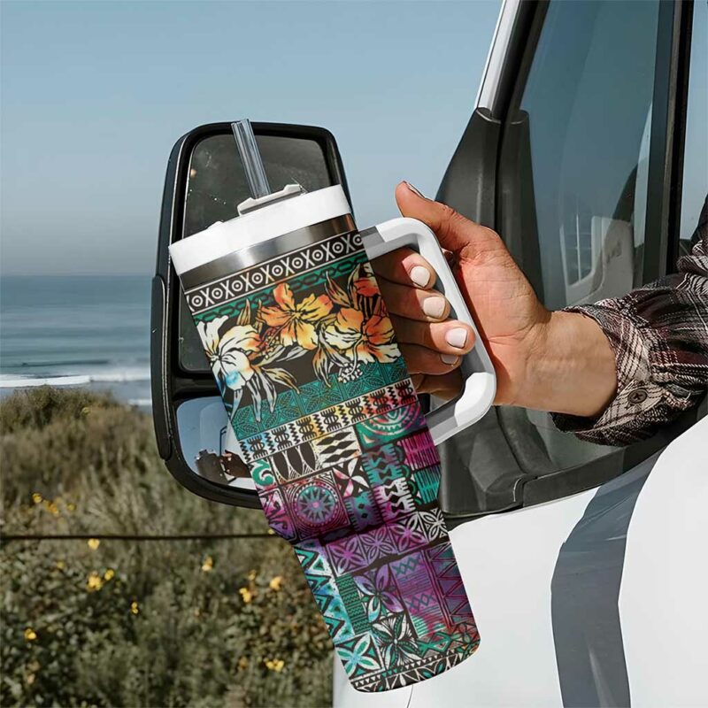 Pacific Hibiscus Tapa Tribal Vintage Turquoise Motif Custom Stanley Quencher 40oz Stainless Steel Tumbler With Handle - Threewoofs - Image 7