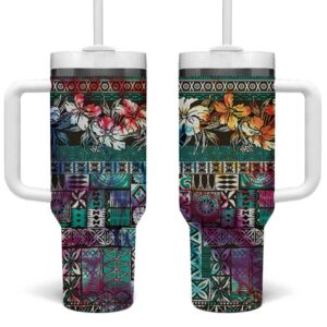 Pacific Hibiscus Tapa Tribal Vintage Turquoise Motif Custom Stanley Quencher 40oz Stainless Steel Tumbler With Handle - Threewoofs