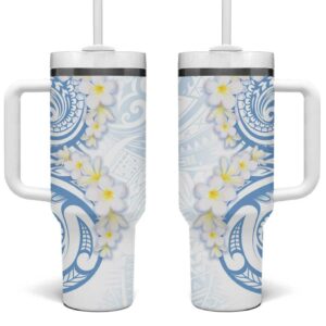 Palau 1981 Tribal Tattoo with Belau Plumeria Flowers Custom Stanley Quencher 40oz Stainless Steel Tumbler With Handle - Threewoofs