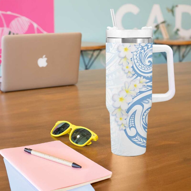 Palau 1981 Tribal Tattoo with Belau Plumeria Flowers Custom Stanley Quencher 40oz Stainless Steel Tumbler With Handle - Threewoofs - Image 5