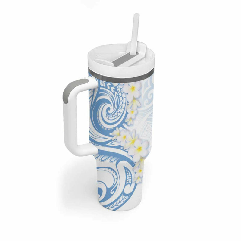 Palau 1981 Tribal Tattoo with Belau Plumeria Flowers Custom Stanley Quencher 40oz Stainless Steel Tumbler With Handle - Threewoofs - Image 2