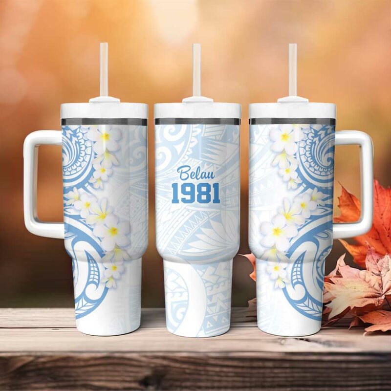 Palau 1981 Tribal Tattoo with Belau Plumeria Flowers Custom Stanley Quencher 40oz Stainless Steel Tumbler With Handle - Threewoofs - Image 4