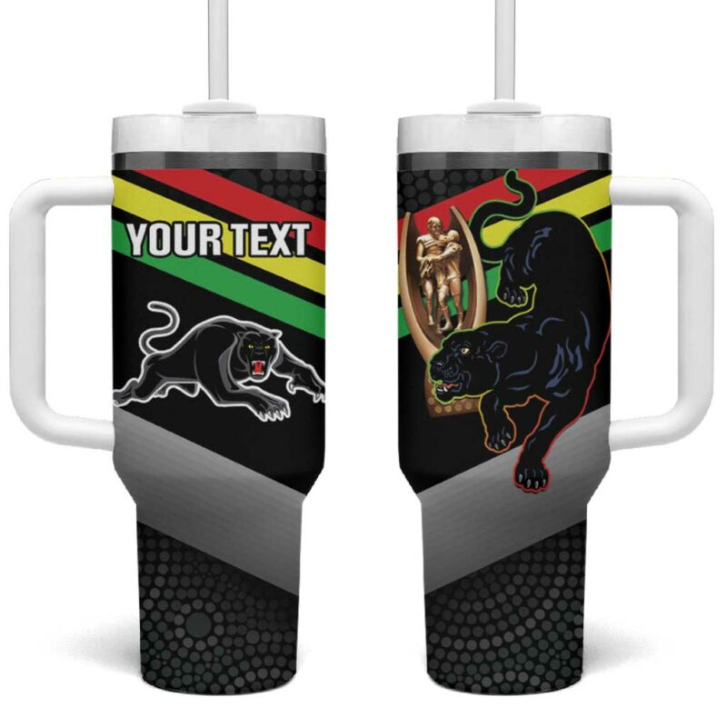 Panthers Rugby 2024 Mascot With Trophy Go Champions Aboriginal Art Custom Stanley Quencher 40oz Stainless Steel Tumbler With Handle - Threewoofs - Image 2