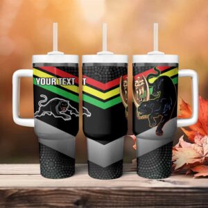 Panthers Rugby 2024 Mascot With Trophy Go Champions Aboriginal Art Custom Stanley Quencher 40oz Stainless Steel Tumbler With Handle - Threewoofs