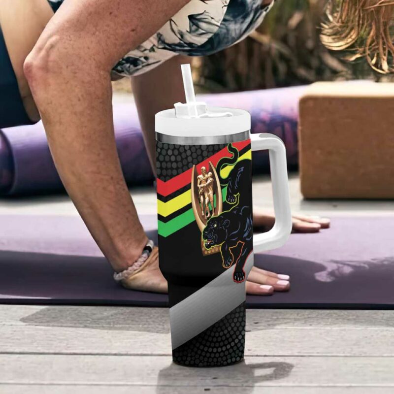Panthers Rugby 2024 Mascot With Trophy Go Champions Aboriginal Art Custom Stanley Quencher 40oz Stainless Steel Tumbler With Handle - Threewoofs - Image 6