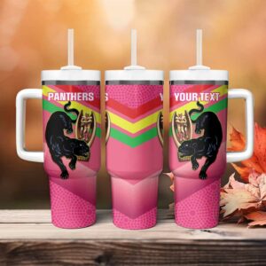 Panthers Rugby 2024 Mascot With Trophy Go Champions Aboriginal Art ‚Äì Pink Custom Stanley Quencher 40oz Stainless Steel Tumbler With Handle - Threewoofs