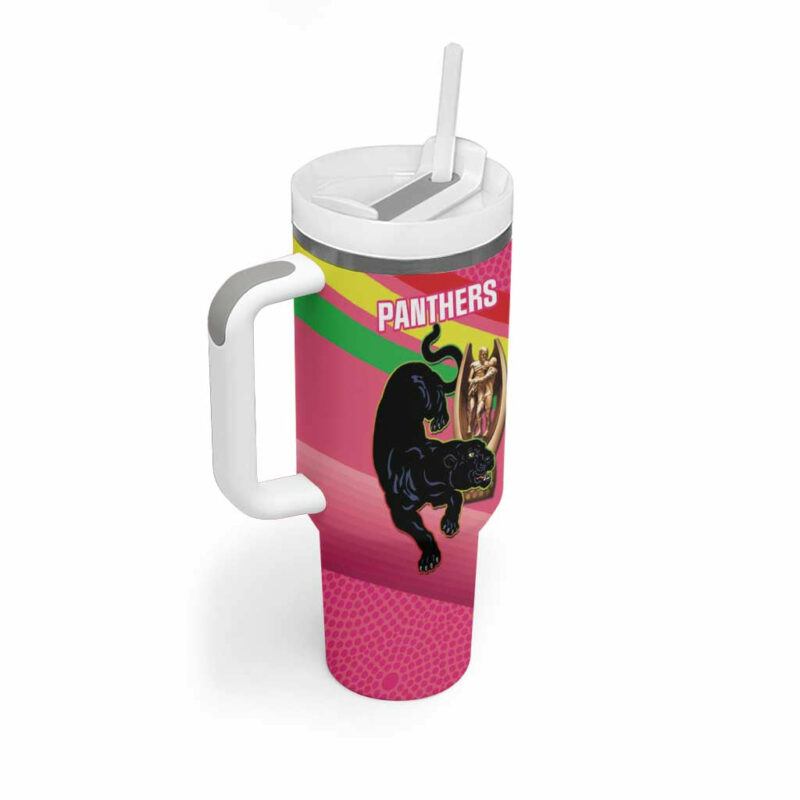 Panthers Rugby 2024 Mascot With Trophy Go Champions Aboriginal Art ‚Äì Pink Custom Stanley Quencher 40oz Stainless Steel Tumbler With Handle - Threewoofs - Image 3