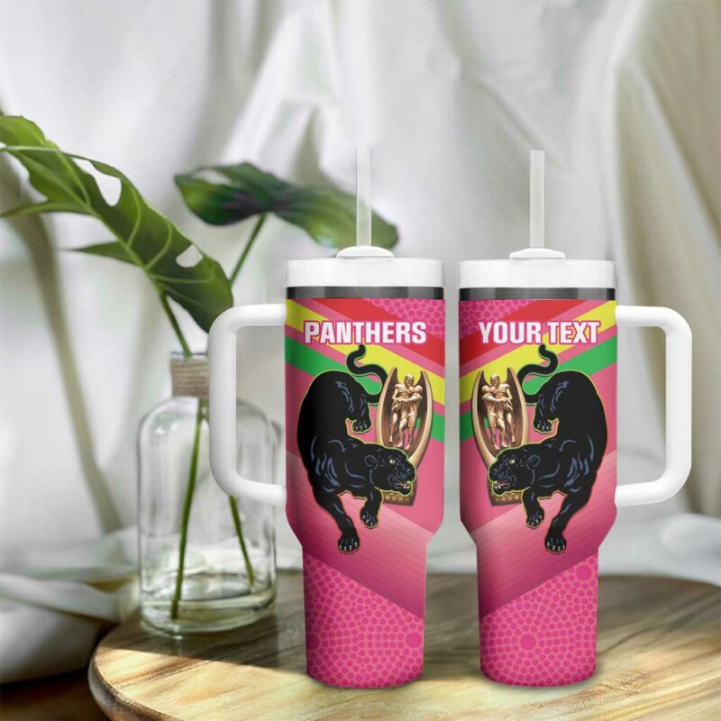 Panthers Rugby 2024 Mascot With Trophy Go Champions Aboriginal Art ‚Äì Pink Custom Stanley Quencher 40oz Stainless Steel Tumbler With Handle - Threewoofs - Image 9