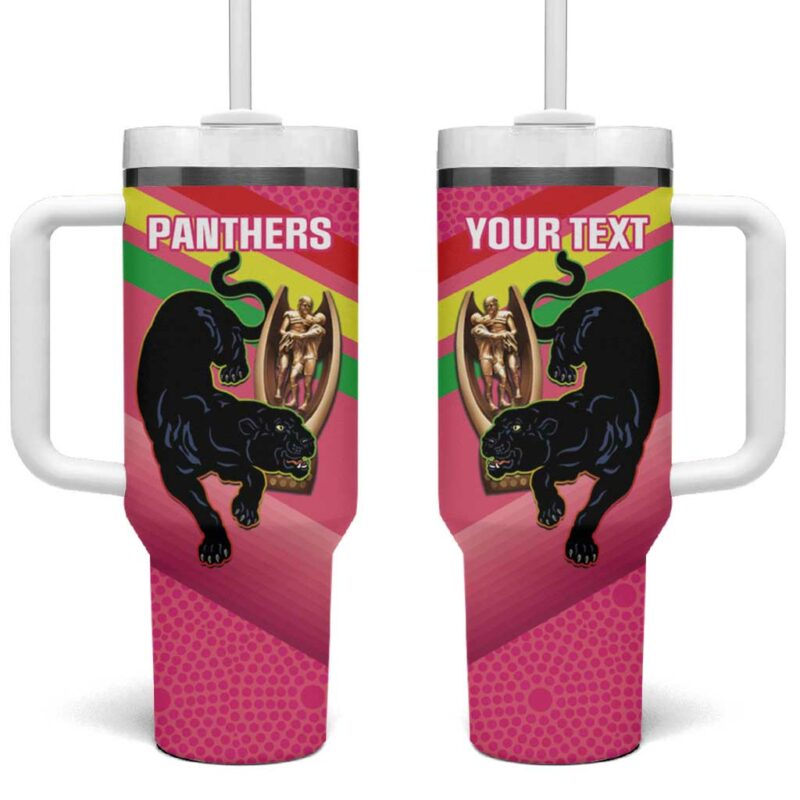 Panthers Rugby 2024 Mascot With Trophy Go Champions Aboriginal Art ‚Äì Pink Custom Stanley Quencher 40oz Stainless Steel Tumbler With Handle - Threewoofs - Image 2