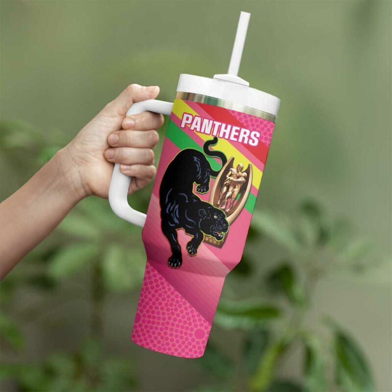 Panthers Rugby 2024 Mascot With Trophy Go Champions Aboriginal Art ‚Äì Pink Custom Stanley Quencher 40oz Stainless Steel Tumbler With Handle - Threewoofs - Image 4
